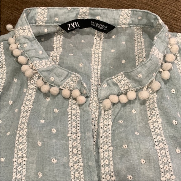 Zara Sea Green Embroidered Blouse with Pom Pom Collar Long Sleeve Size S - Picture 5 of 5